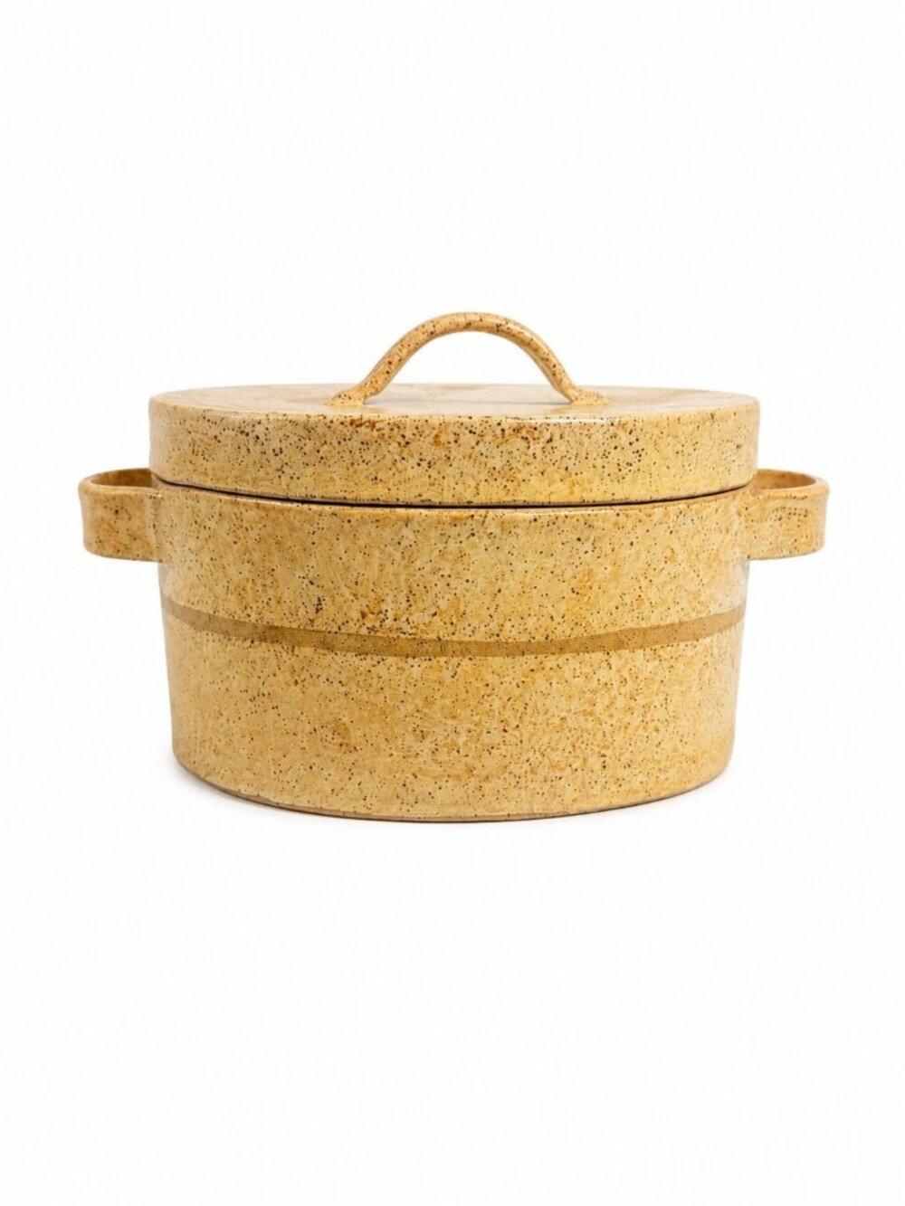 Pottery Lidded Casserole Dish Vintage Stoneware Artist SIgned Themicoult Handled